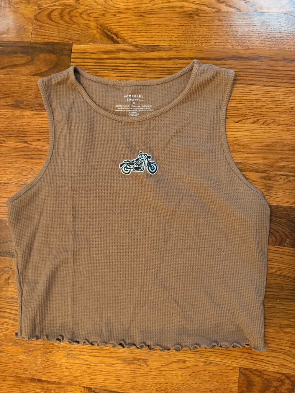 Cropped Brown Waffle Tank with Motorcycle Patch